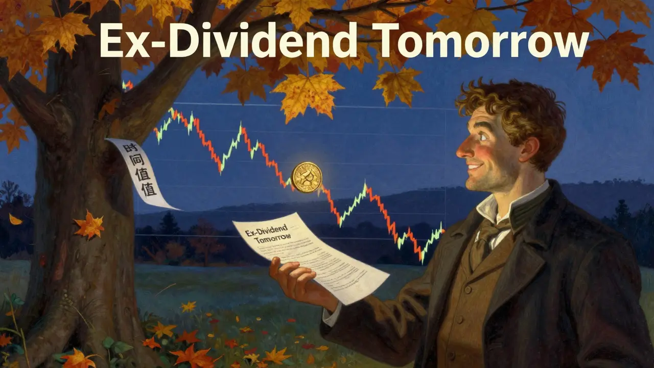 A trader catches a golden dividend coin by exercising an option early, while time value fades like falling leaves.