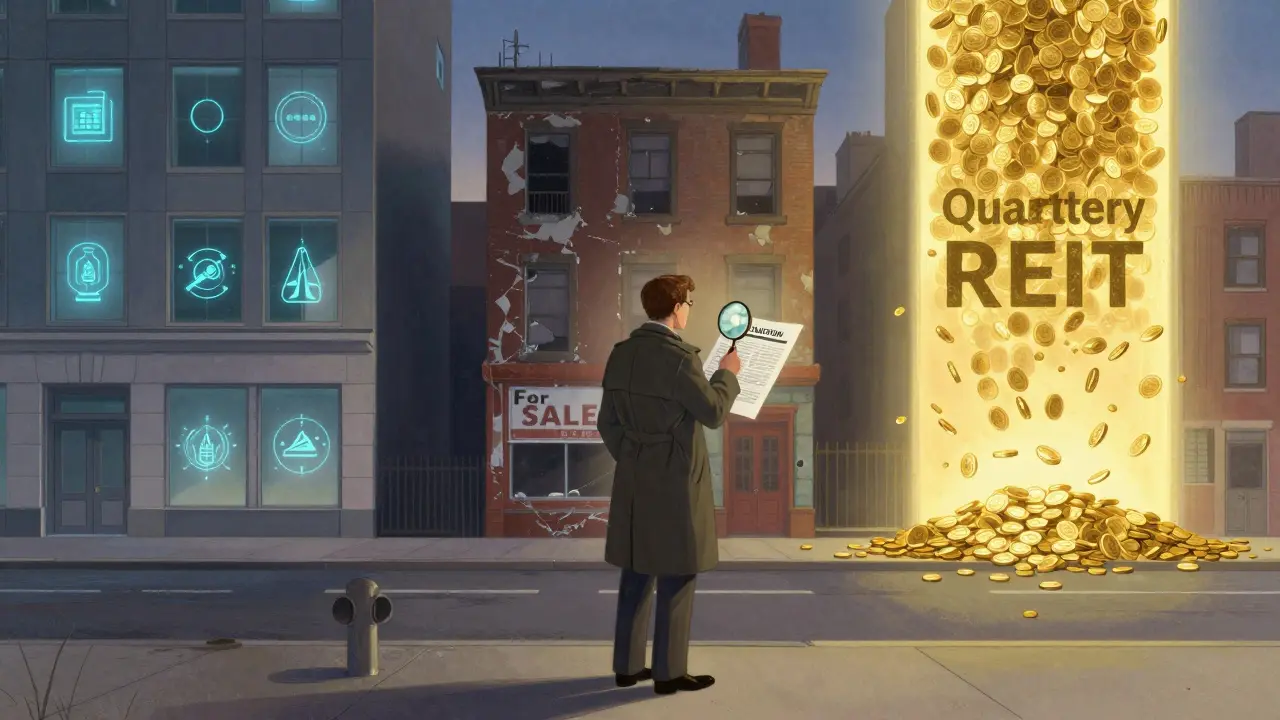 An investor examines a REIT report as three buildings represent success, decline, and innovation in residential real estate.