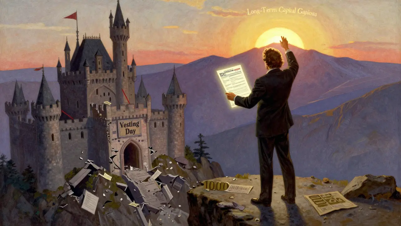 An investor stands on a cliff with shares and an 83(b) form, facing a glowing mountain of long-term gains.